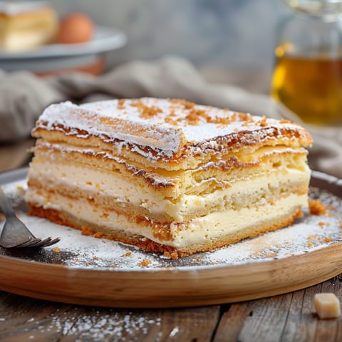 Un dolce a forma di cake con la crema sul fondo.