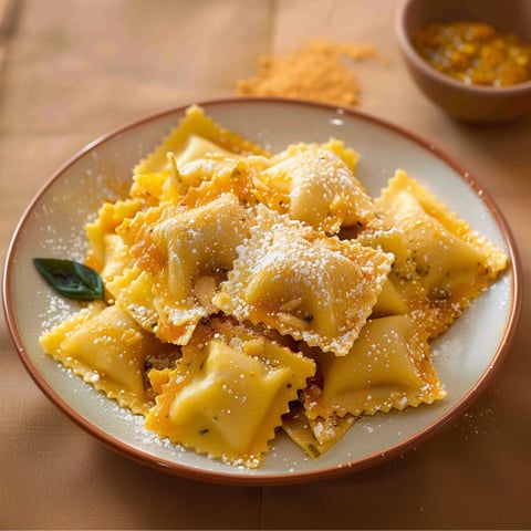 Una tavolata con un piatto di pasta con salsa e erbe.