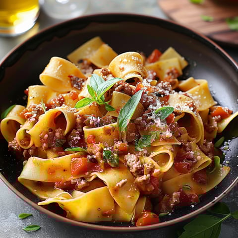 Penne con carne e verdure in un piatto.