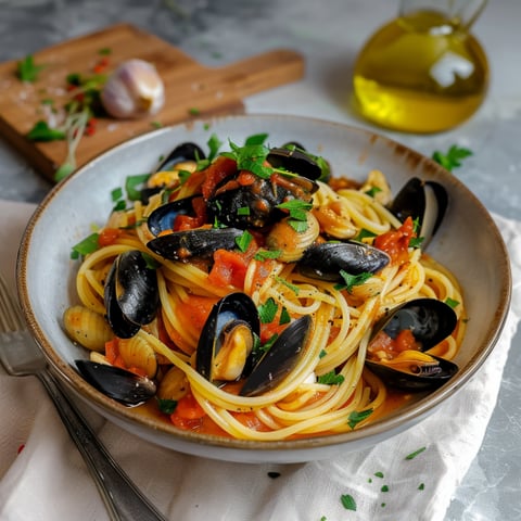 Una ciotola di spaghetti con pesce e verdure.