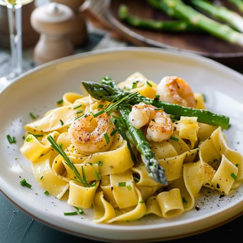 Piatti di pasta con gamberi e asparagi.
