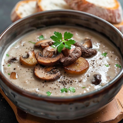 Una ciotola di zuppa con mushroom e pane.