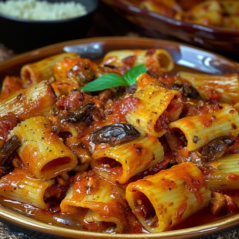 Una tavolata con un piatto di spaghetti con verdure e sugo.