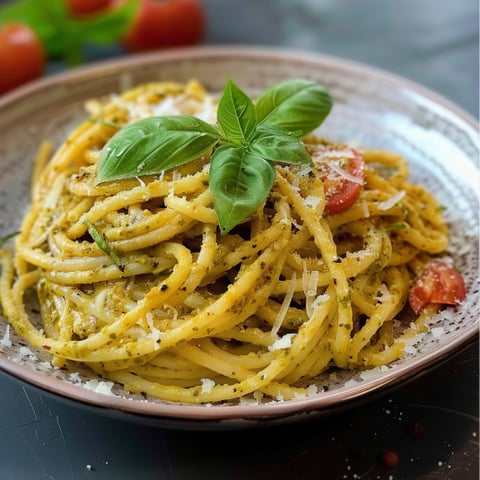 Penne con basilico e pomodoro.