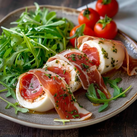Piatti con salame, verdure e pomodori.
