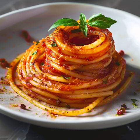 Pasta con sugo di pomodoro e basilico.