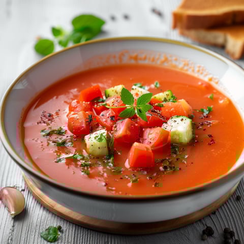 Una ciotola di zuppa con verdure e pomodori.