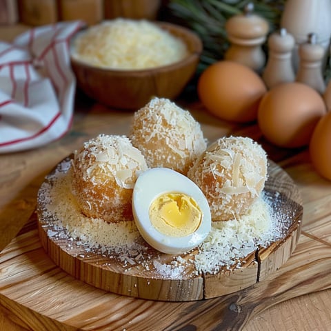 Una tavolata con tre uova e tre palline di pasta.