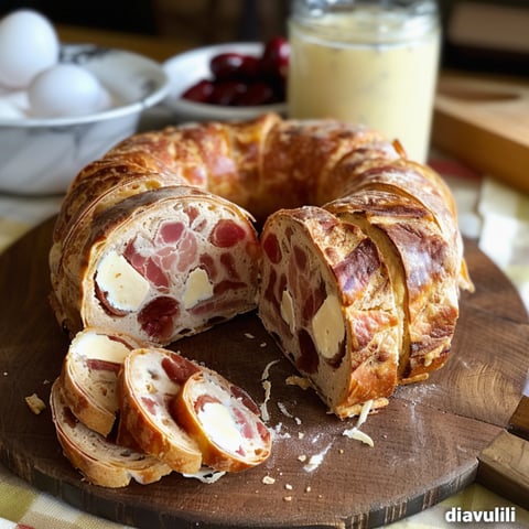 Un pane a forma di spirale con crema e frullato di pomodoro.
