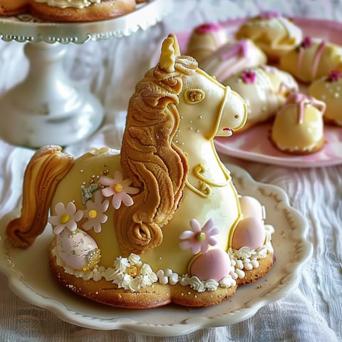 Un cake decorato a forma di cavallo con un ponytail e un biglietto di felicità.