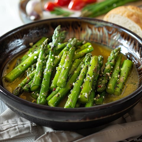 Una ciotola con verdure, tra cui asparagi e peperoni, conditi con olio e sale.
