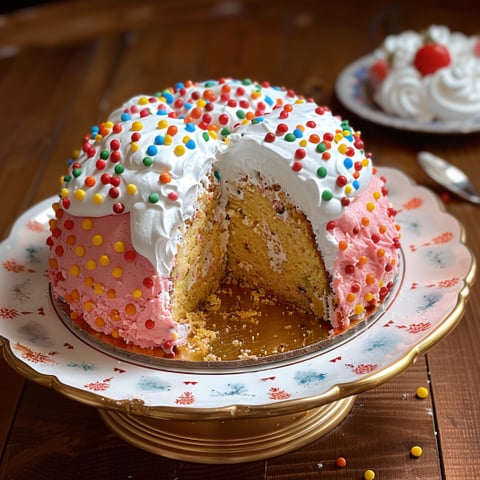 Una torta colorata con crema e frullato di frutta.