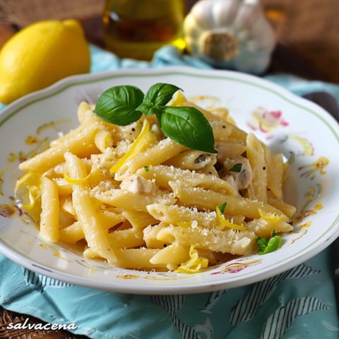 Una ciotola di pasta con verdure e olio.