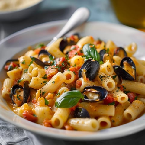 Penne con verdure e olive.