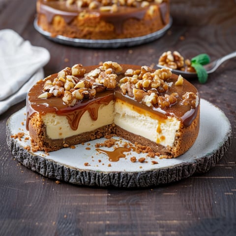 Una torta con caramello e noci.