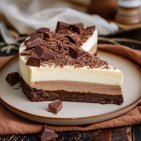 Una fetta di torta con cioccolato e crema.