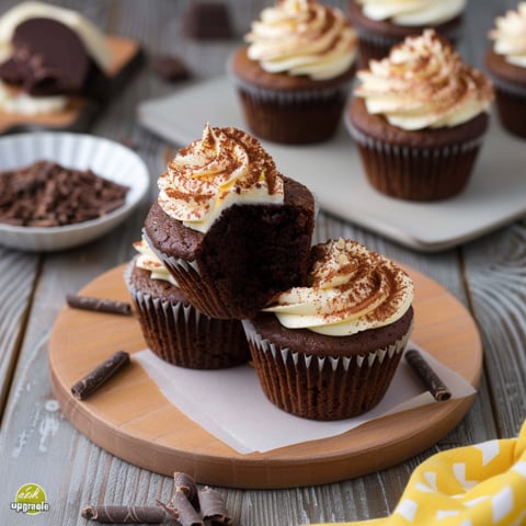 Un tavolo con tre cupcake con crema e cioccolato.