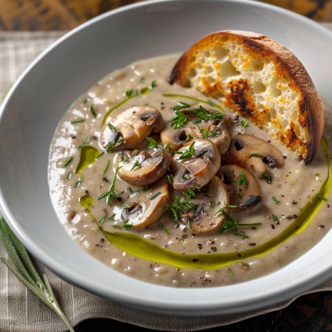 Una ciotola di zuppa con funghi e pane tostato.