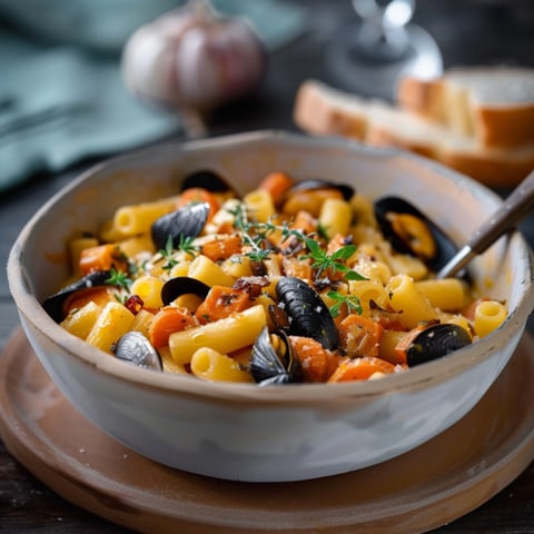 Una ciotola di pasta con carote e molluschi.