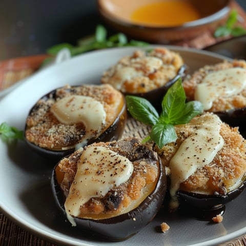 Piatti di melanzane con crema e speck.