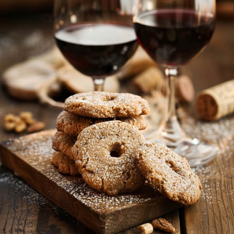 Un tavolo con un bicchiere di vino rosso e un bicchiere di vino bianco. Sono presenti anche biscotti e noci.