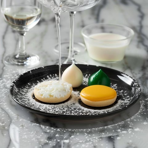 Un piatto con tre dolci e una tazza di vino.