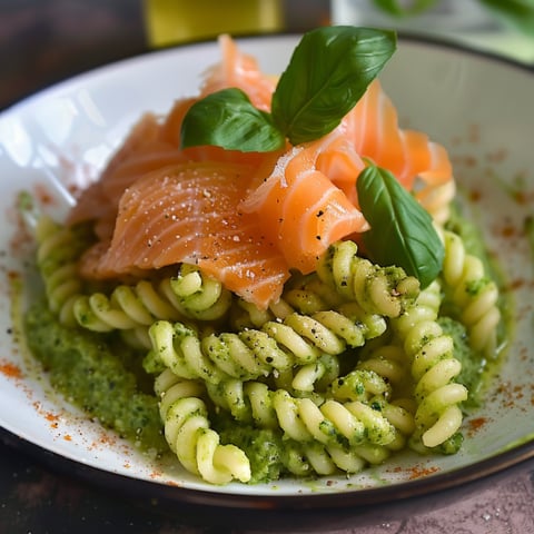 Piatti di pesce con foglie di basilico.