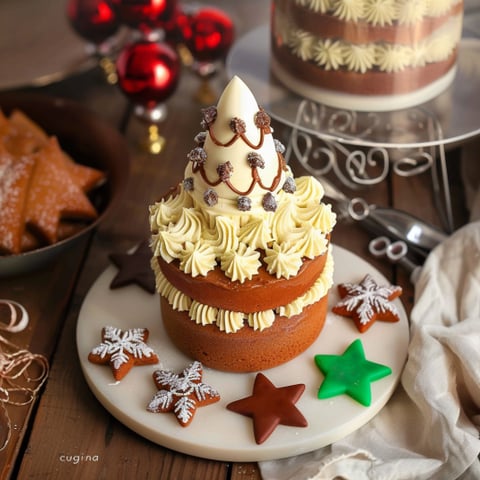 Un dolce con una forma di albero di natale, decorato con stelle e candy.