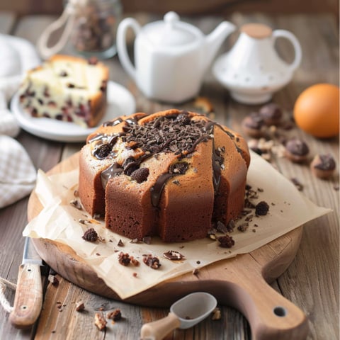 Una tavolata con un dolce a base di cioccolato e noci.