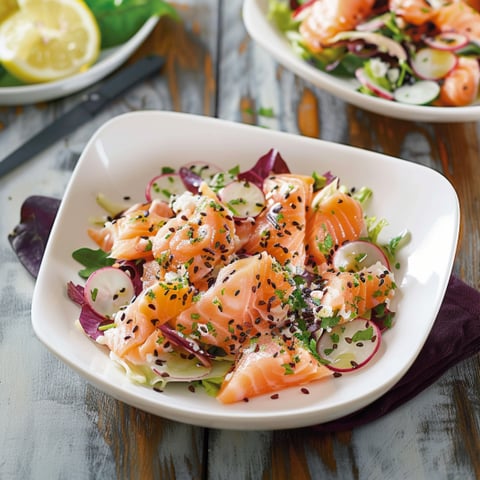 Una tavolata con un piatto di salmone e verdure.