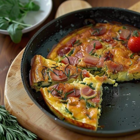 Pizza in un piatto nero con verdure e prosciutto.