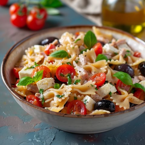 Una ciotola con pasta, pomodori, olive, basilico e prosciutto.