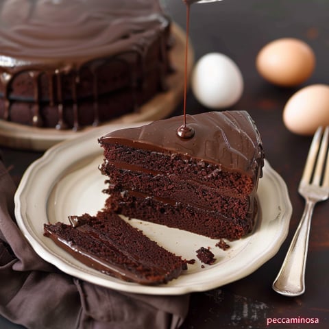 Una torta di cioccolato con una fetta tagliata.