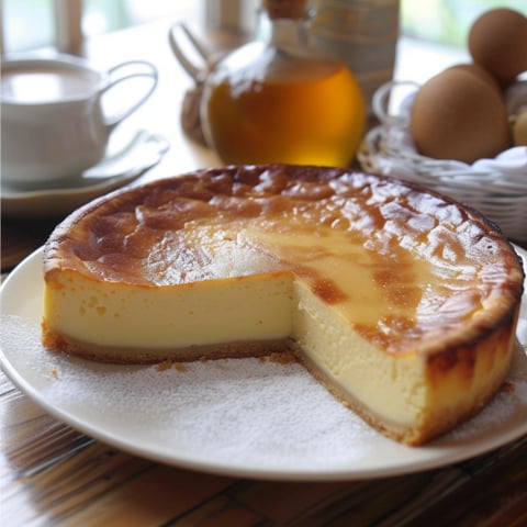 Una tavolata con un dolce in una tazza e un vaso di olio.