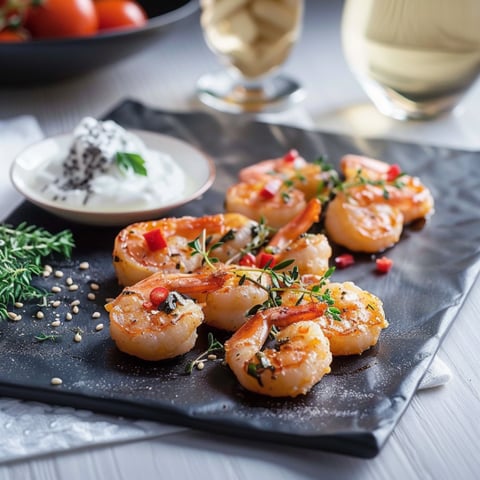 Shrimp in a bowl with a white sauce.