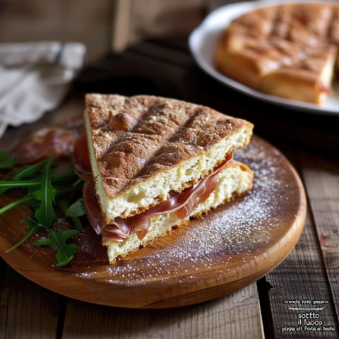 Una fetta di pizza con prosciutto e formaggio.
