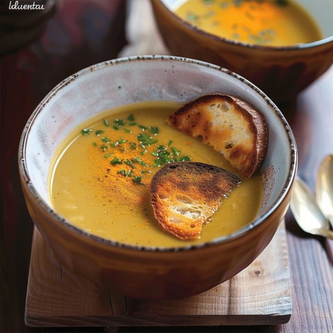Una ciotola di zuppa con crostini e erbe.