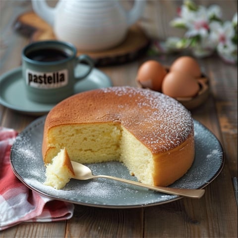 Una tazza di caffè e un dolce a base di uova e zucchero.
