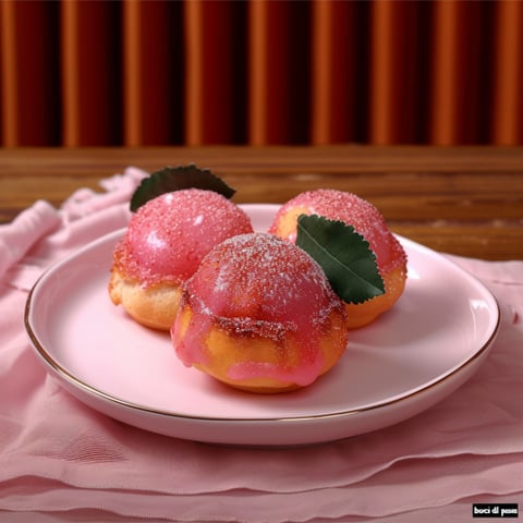 Tre dolci con foglie rosse e pink.