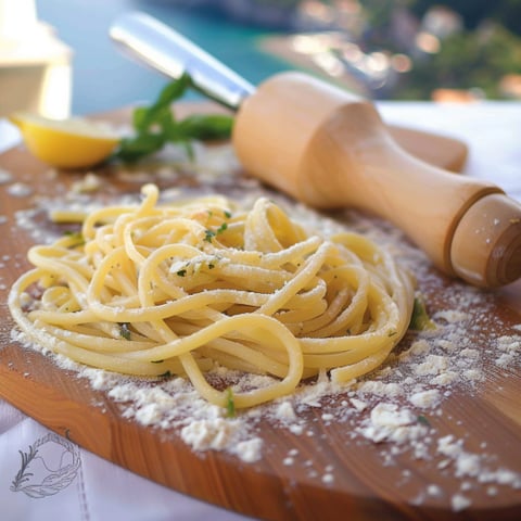 Pasta con parsley e formaggio sulla tavola.