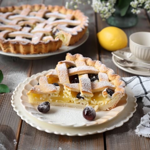 Una tavolata con un dolce a forma di crostata con frutta e zucchero.