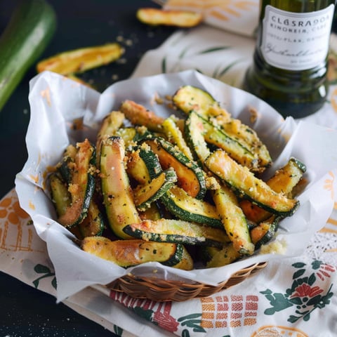 Basket of zucchini sticks with seasoning.