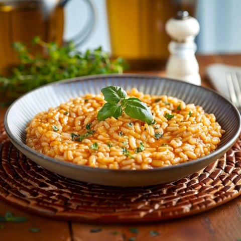 Una tazza di pasta con basilico.