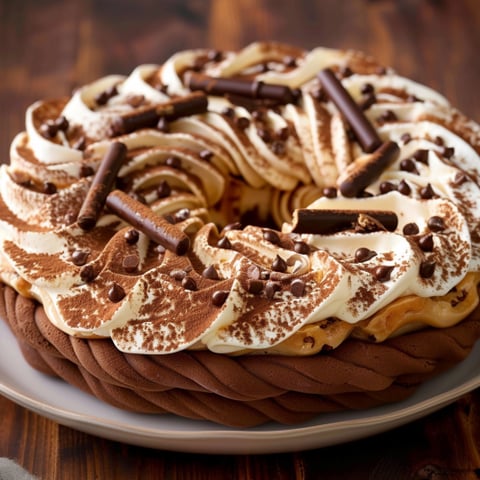 Un dolce a forma di spirale con crema e cioccolato.