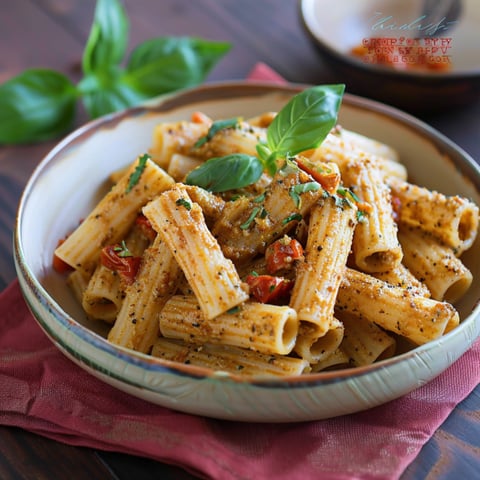 Una ciotola di pasta con verdure e salsa.