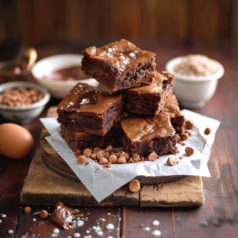 Un tavolo con un piatto di brownie e una ciotola di cacao.