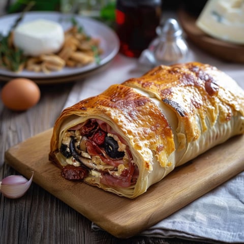 Un pane di formaggio con carne e verdure.