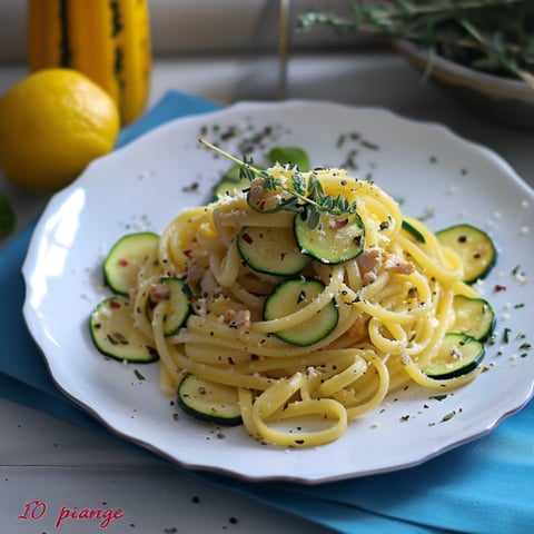 Piatti di spaghetti con verdure e noci.