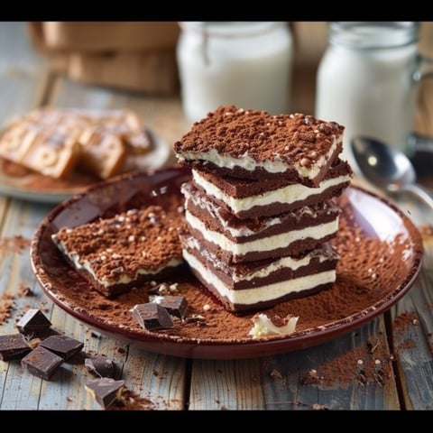 Un piatto di cake a strati con crema e cioccolato.