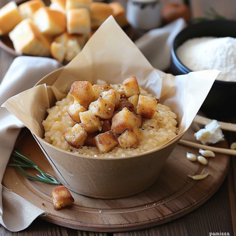 Una tazza di riso con patate e pane.